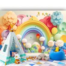 1 Pieza Telón De Fondo De Fotografía De Tema De Globos Coloridos Y Arcoiris Para Decoración De La Sala De Estar - Multicolor - Ver 2