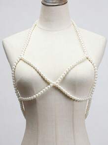 1pc Sexy Versatile Body Jewelry Chain For Women, Personalized Exaggeration Handmade Beaded Pearl Chest Chain - White - View 2