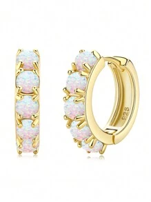 1對女士黃金蛋白石環形耳環 100% 925 純銀 3.5 毫米圓形人造寶石白色蛋白石耳環珠寶生日禮物