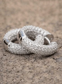 1 Pair Fashionable Round Earrings, Unisex Micro-Inlaid Sparkling Zirconia Earrings, Personalized Accessories Suitable For Party And Everyday Wear - Silver - View 2