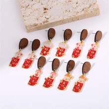 A Pair Of Red Chinese Character Good Luck And Fortune Earrings - Multicolor - View 3