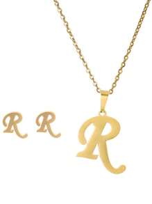 3 件/套不锈钢镀 18K 黄金首饰套装带耳钉字母吊坠耳环和项链女士复古首饰套装情人节礼物 - 金黃色 - 查看 31