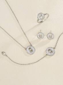 rakol 1set Exquisite Fashionable Copper Cubic Zirconia Round Hollow Out Jewelry Set, Perfect For Women's Daily Wear - Silver - View 7
