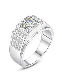 1pc Glamorous Sterling Silver Laboratory-Created Moissanite Decor Silver Ring For Men For Wedding Engagement Bridal Jewelry - White - View 1