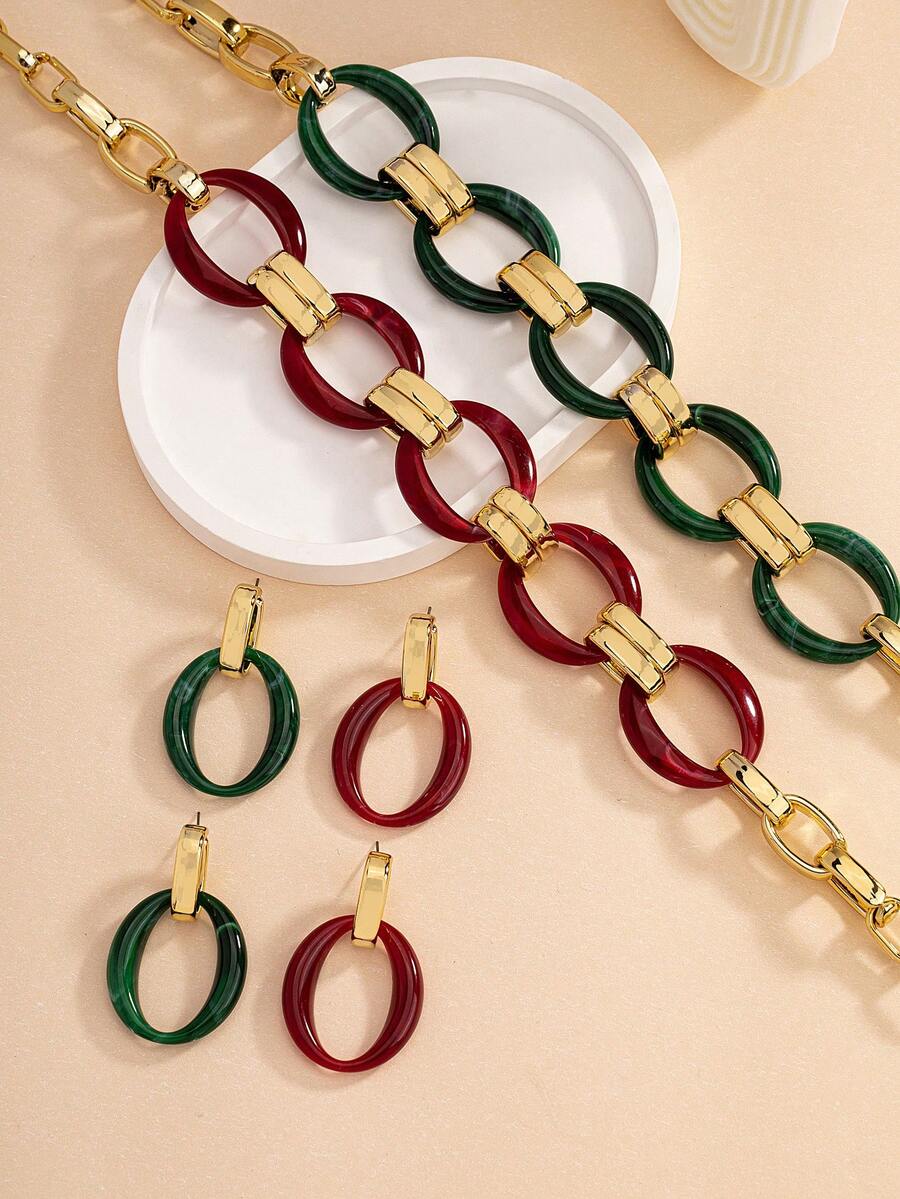 1套流行誇張的樹脂亞克力鏈,搭配各種服飾的彩色頸鏈和耳環組,適用於女性約會、派對、宴會和日常生活佩戴 - 酒紅色 - 查看 1