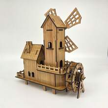 Diy 木製 3d 拼圖,建築模型風車屋,雷射切割組裝模型套件拼圖玩具 - 駝色 - 查看 5