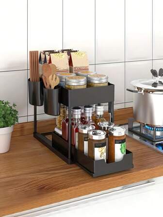 1set Sliding Double Layer Storage Drawer Organizer Rack With Hooks For Kitchen Sink Cabinet Storage