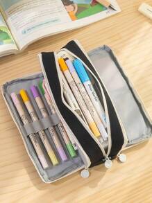 Angoo 亞麻布筆袋筆袋3個格子收納袋筆袋,可供文具學校使用 - 紫色 - 查看 6