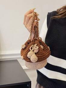 編織的蘑菇形手提袋,手工鉤編的小型零錢包,耳機袋,女士斜跨肩背包,迷你包 - 棕色 - 查看 5