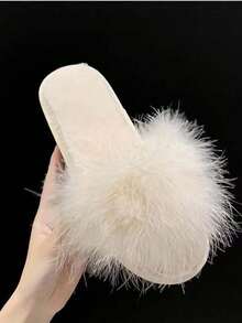 女士秋冬季毛绒拖鞋新款平底拖鞋高档女士百搭拖鞋 - 米色 - 查看 4