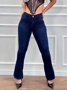 Calça Jeans Feminina Flare Boca De Sino Cós Alto Com Elastano Premium Levanta Bumbum