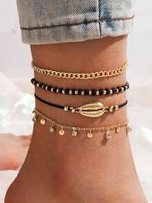 4pcs/Set Bohemia Shell Chain Anklet Sets For Women Sequins Anklet On Leg Foot Summer Beach Jewelry Gift - Multicolor - View 3