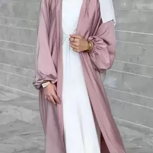 1pc Thick Puff Sleeve Cardigan Robe Abaya In Elegant And Silky Solid Pink Polyester+Including Waist Belt; Suitable For Daily Wear - Dusty Pink - View 5