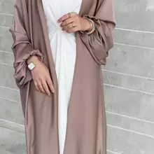 1pc Thick Puff Sleeve Cardigan Robe Abaya In Elegant And Silky Solid Pink Polyester+Including Waist Belt; Suitable For Daily Wear - Dusty Pink - View 2