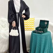 1pc Thick Puff Sleeve Cardigan Robe Abaya In Elegant And Silky Solid Pink Polyester+Including Waist Belt; Suitable For Daily Wear - Dusty Pink - View 6