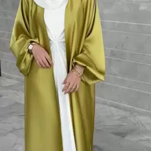 1pc Thick Puff Sleeve Cardigan Robe Abaya In Elegant And Silky Solid Pink Polyester+Including Waist Belt; Suitable For Daily Wear - Dusty Pink - View 3