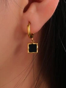 1pair Simple & Personalized Stainless Steel 18k Gold Plated Geometric Cube Pendant Decor Earrings Suitable For Women's Parties, Vacations, Parties And Daily Wear - Multicolor - View 1