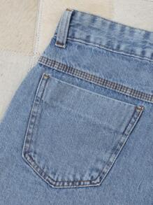 Women Denim Shorts - 中等水洗藍 - 查看 5