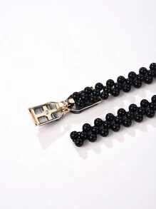 1 件可調長度鬆緊 3 排人造黑珍珠女腰鍊鑽石鑲嵌玫瑰花蕾合金扣連身裙裝飾腰帶 - 黑色 - 查看 1