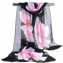 1pc Multicolor Women's New Arrival Rose Printed Chiffon Sunscreen Scarf With Floral Decor, Korean Style Long Silk Scarf - Black - View 3