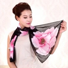 1pc Multicolor Women's New Arrival Rose Printed Chiffon Sunscreen Scarf With Floral Decor, Korean Style Long Silk Scarf - Black - View 4