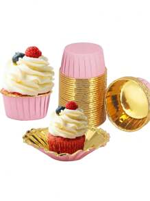 50pcs/Pack Brown & Gold Cupcake Liners With Lids, Heat Resistant, Ideal For Baking Muffins, Cheesecakes, Brownies, Suitable For Christmas, Halloween, Birthday Parties