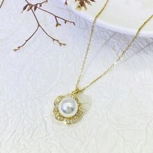 1pc Fashionable Faux Pearl & Cubic Zirconia & Geometric Copper Plated Flower Pendant Stainless Steel Necklace For Women, Suitable For Daily Wear - Yellow Gold - View 3