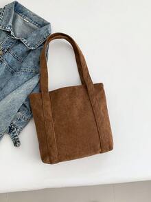 1 件純色聚酯纖維（聚酯纖維）雙把手大容量拉鍊休閒女用手提單肩手提包日常使用工作旅行 - 棕色 - 查看 6