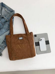 1 件純色聚酯纖維（聚酯纖維）雙把手大容量拉鍊休閒女用手提單肩手提包日常使用工作旅行 - 棕色 - 查看 5