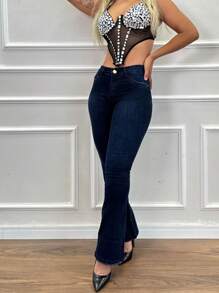 Calça Jeans Feminina Flare Boca De Sino Cós Alto Com Elastano Premium Levanta Bumbum