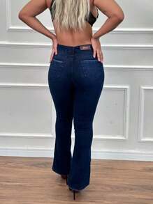 Calça Jeans Feminina Flare Boca De Sino Cós Alto Com Elastano Premium Levanta Bumbum