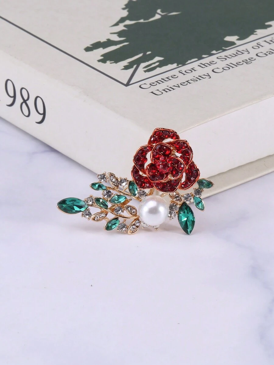 1 件鑽石、珍珠和水晶裝飾玫瑰形胸針,適合女士日常佩戴 - 彩色 - 查看 1