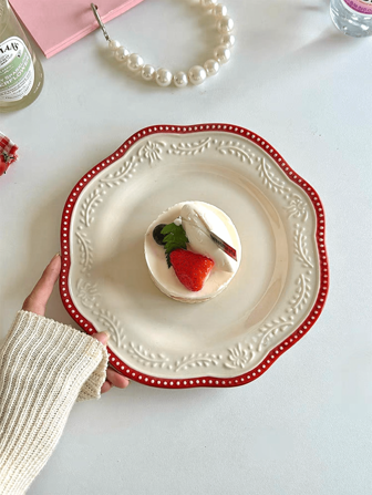 1pc Asymmetrical Ceramic Plate, Ins Style Embossed Flower Edge Design Western Plate, Home Breakfast Dish, Nordic Court Retro Wheat Spike Dessert Cake Plate, Suitable For Kitchen LifeChristmas Gift