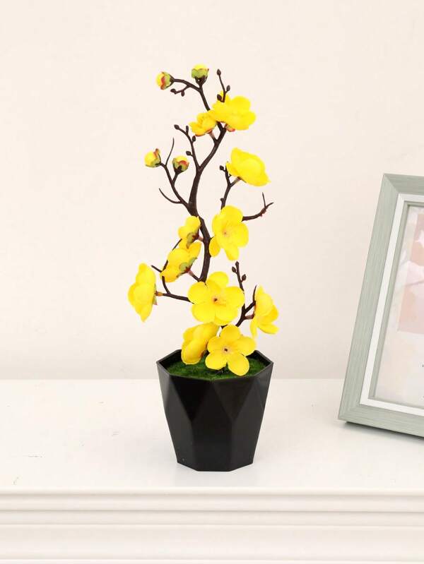 1 pezzo Ramo corto artificiale con fiori di pesco, fiori di prugna in vaso in seta, decorazione per la casa, ornamento da tavolo, piccola pianta in vaso