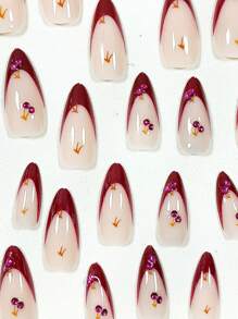 24 móng tay giả hình quả hạnh ngắn hấp dẫn màu đỏ & trắng anh đào & cỏ thiết kế phù hợp cho các quý cô mặc hàng ngày, lễ hội, đi làm phiên bản năm mới Ấn vào móng tay Đồ dùng làm móng - Nhiều màu - Xem 2