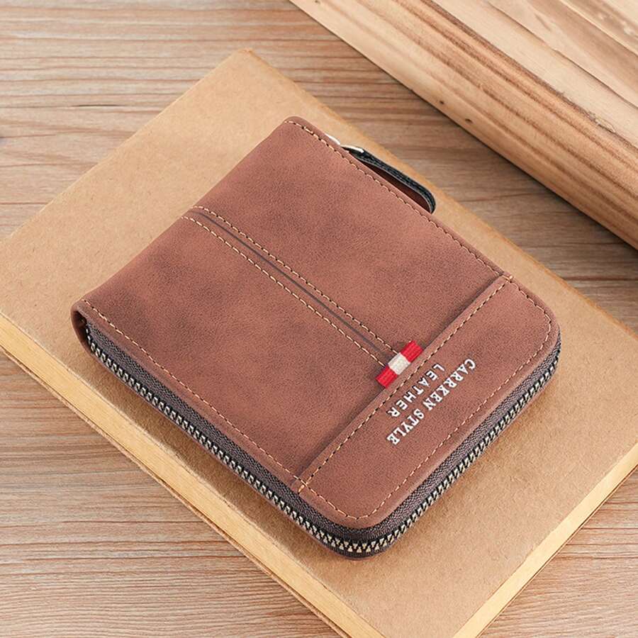 新款男士短款拉鍊錢包,綁邊設計,時尚四色拼接pu皮革多功能卡片套,可拆卸id證件套,壓扣格和拉鍊鈔票位,非常適合旅行使用 - 卡其色 - 查看 1