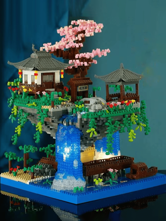 圣诞装饰桃花源微型迷你积木套装中国著名寓言建筑模型仙境桃花源积木玩具diy立体拼装益智减压家居装饰摆件生日礼物海贼王房间装饰