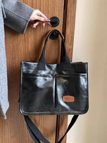 Pu單肩托特包大容量可折疊 - 黑色 - 查看 2