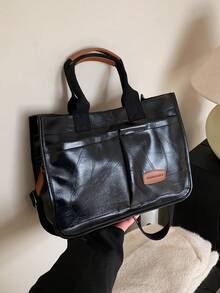 Pu單肩托特包大容量可折疊 - 黑色 - 查看 8