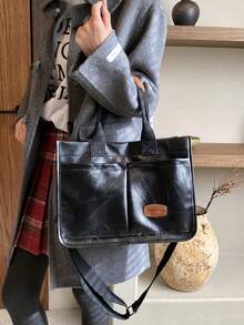 Pu單肩托特包大容量可折疊 - 黑色 - 查看 3