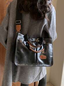 Pu單肩托特包大容量可折疊 - 黑色 - 查看 5