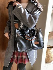 Pu單肩托特包大容量可折疊 - 黑色 - 查看 6