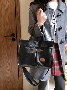 Pu單肩托特包大容量可折疊 - 黑色 - 查看 4