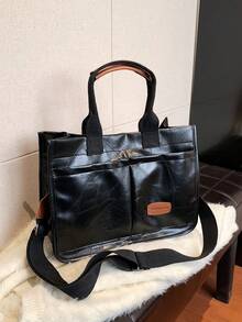 Pu單肩托特包大容量可折疊 - 黑色 - 查看 7