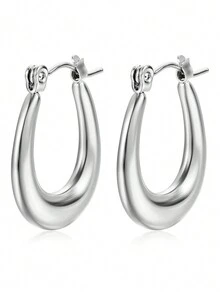 一對時尚百搭的橢圓形不銹鋼耳環,適合女士日常佩戴 - 金色 - 查看 3