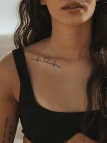 CAT QUEEN ART 1pc Blue Herbal Semi-Permanent Tattoo Sticker With Heart And Ekg Graph Design, Last 7-14 Days Without Color Fading Or Reflecting, For Wrist And Body - Black - View 3