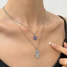 2pcs Eye Of & Multi Layered Design & Bling Rhinestone Decor Women'S Everyday Wear Necklace - Gold - View 3