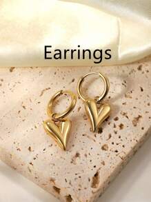 不锈钢防水不褪色复古金色心形吊坠项链和耳环套装，适合女性日常佩戴情人节、妈妈、母亲、母亲节、礼物 - 金色 - 查看 4