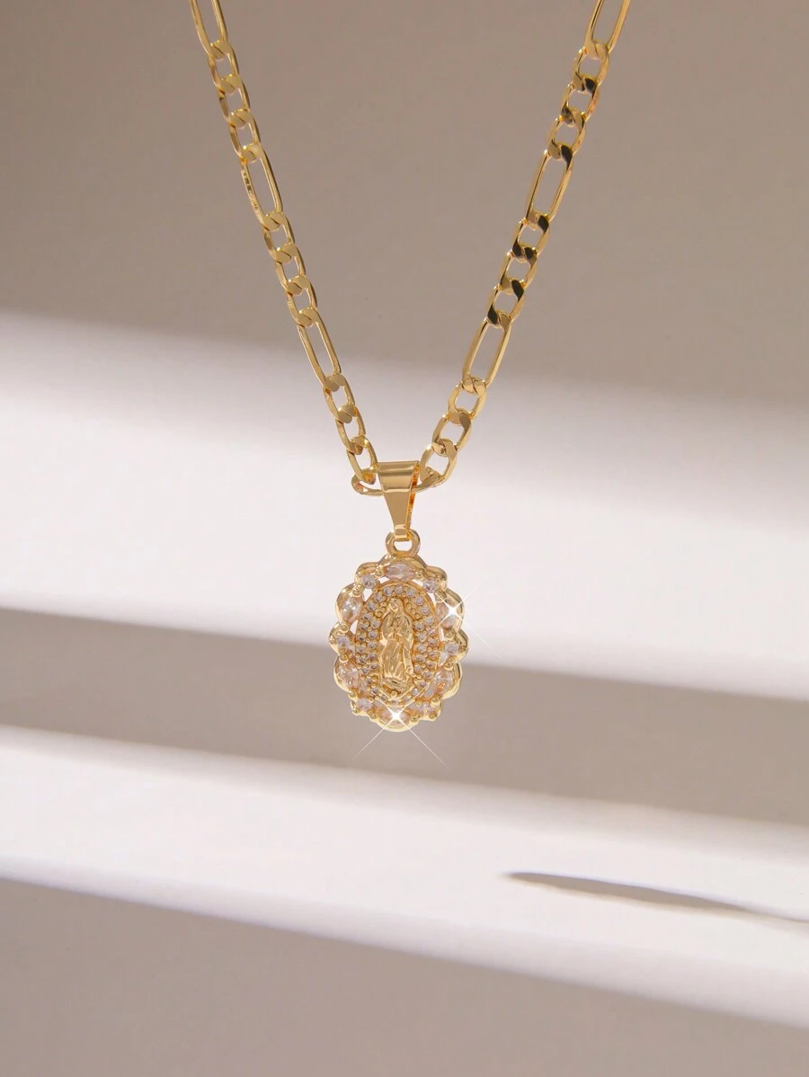 1 件时尚奢华铜镶嵌圣母玛利亚吊坠项链，适合作为礼物、朋友、日常或节日佩戴的配饰 - 金黃色 - 查看 1