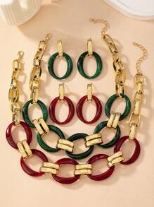 1套流行誇張的樹脂亞克力鏈,搭配各種服飾的彩色頸鏈和耳環組,適用於女性約會、派對、宴會和日常生活佩戴 - 酒紅色 - 查看 3